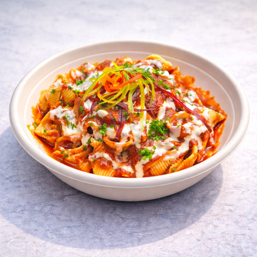 Turkish pasta with minced chicken and yogurt sauce